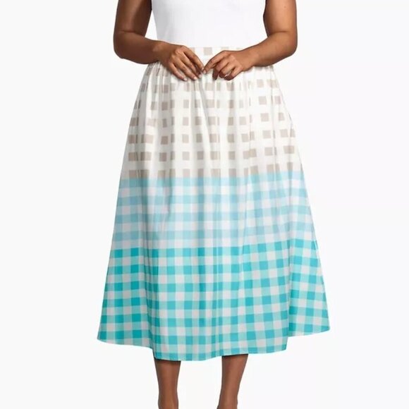 MING WANG Gingham Skirt Women's Size M Blue Check Cotton Poplin A-Line - Picture 1 of 8